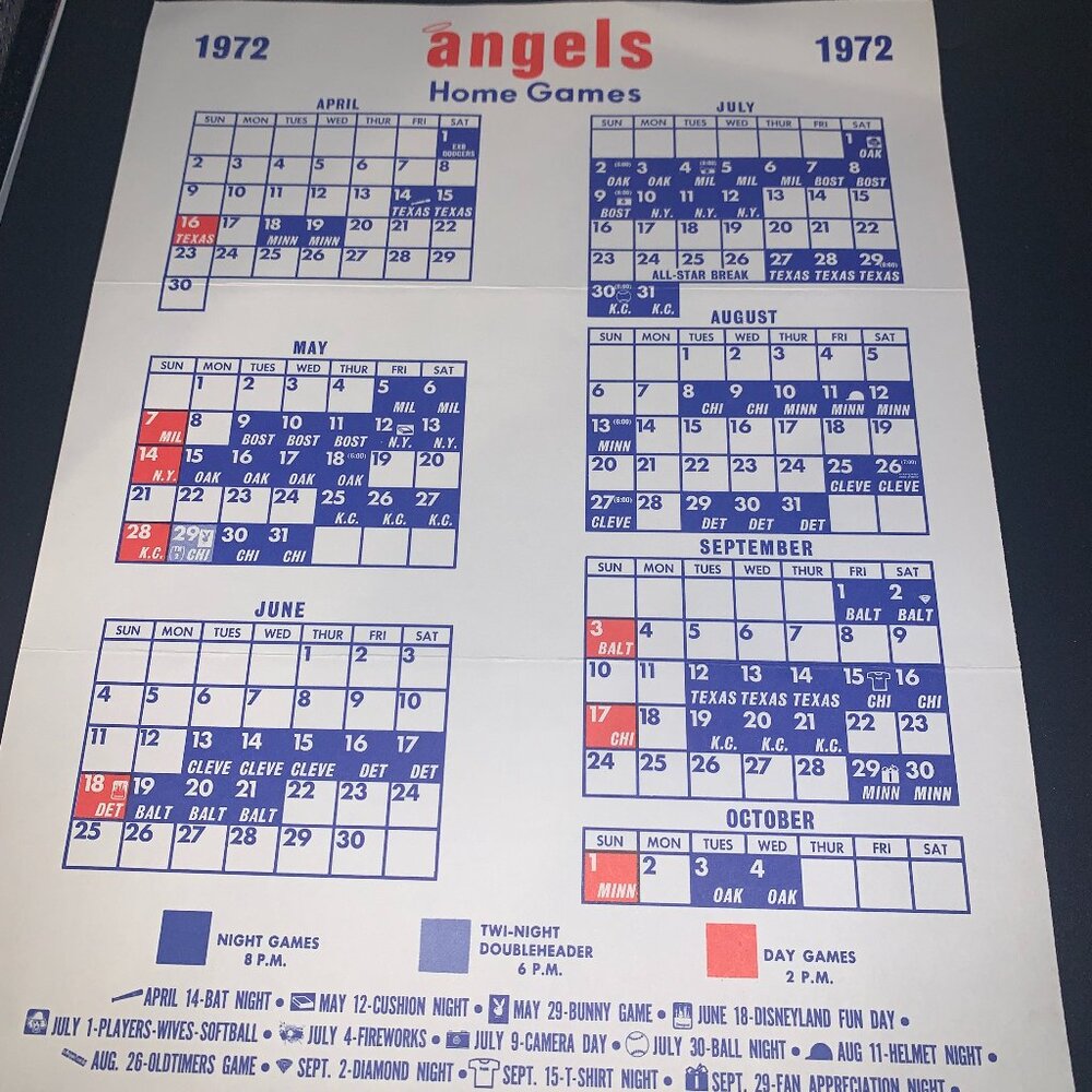 1972 Angels Paper Home Games Schedule SELLING AS IS